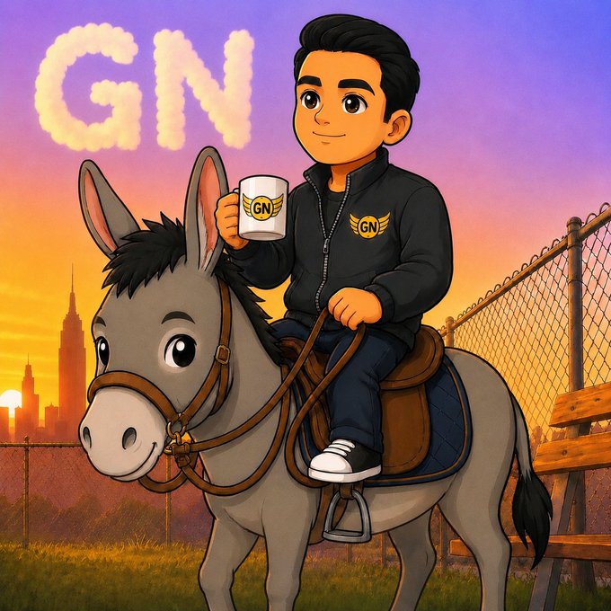A cartoon-style illustration of a man riding a donkey while holding a mug labeled "GN," with the letters "GN" formed in the clouds at sunset.