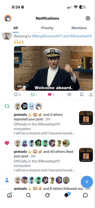 The user wants a concise caption describing the image.
I need to identify key elements:
- The image is a screenshot of a mobile app, specifically Instagram's "Notifications" tab.
- The top bar shows the time 9:34 and battery 43%.
- The main content is a feed of notifications.
- The first visible notification is a reply from a user (looks like a profile picture of a monkey/ape) replying to "@BangGloriousNFT and @BoredApeYC".
- This notification contains a GIF of Captain Jean-Luc Picard from Star Trek saying "Welcome aboard."
- Below that, there are notifications from "pretzels" (an ape profile picture).
- One notification says "reposted your post - 2m".
- Another notification says "and 40 others liked your post - 2m".
- Another says "and 8 others followed you - 3m".
- The text in the