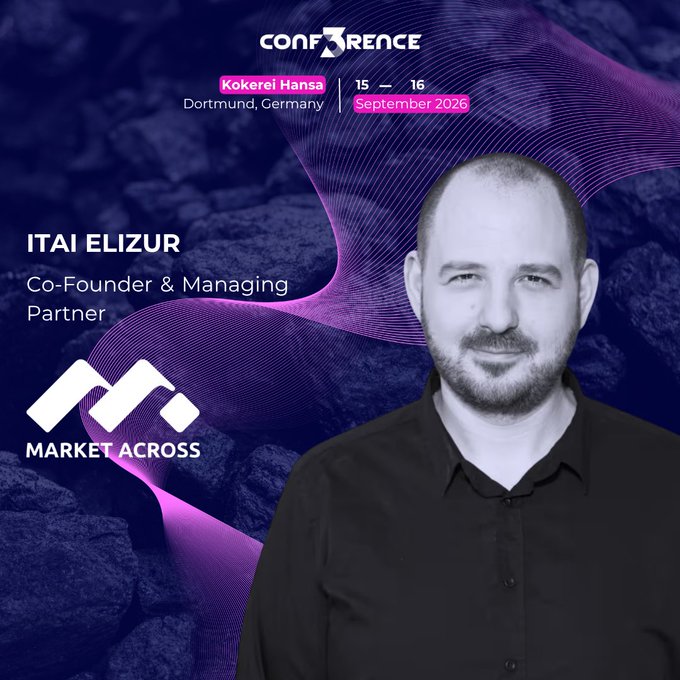 A promotional graphic for an event called 'CONF3RENCE' at Kokerei Hansa in Dortmund, Germany (15-16 September 2026), featuring a black-and-white photo of Itai Elizur, Co-Founder & Managing Partner of Market Across, set against a purple abstract wave background.