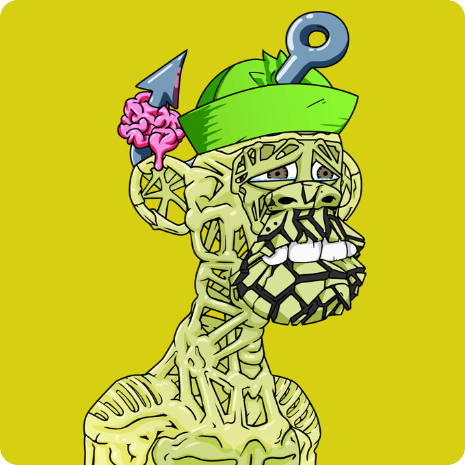 A cartoon illustration of a grotesque, zombie-like green skeletal character with a green cap and a metal wind-up key on his head, holding a knife with a pink brain against a yellow background.