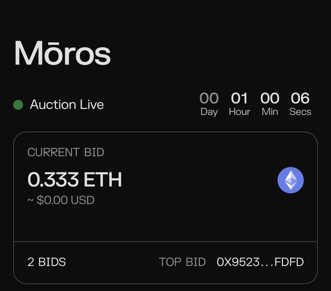 A dark auction interface for an item called 'Mōros' showing 'Auction Live' with 1 day, 1 hour remaining, a current bid of 0.333 ETH from top bidder 0X9523...FDFD, and 2 bids total.