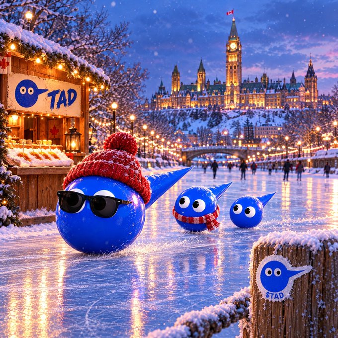 A whimsical winter scene shows three blue cartoon characters skating on an icy canal, with a snowy wooden stall labeled "TAD" on the left and illuminated Parliament-style buildings in the background.