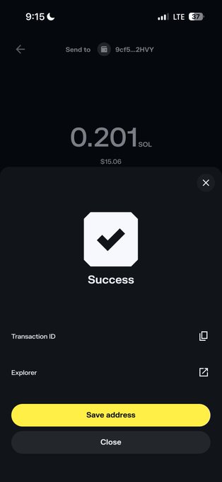 The image shows a successful crypto transaction confirmation for sending 0.201 SOL (worth $15.06) to the address "9cf5...2HVY," aligning with the post where the user sent $15 worth of SOL to random recipients who shared their Solana addresses.