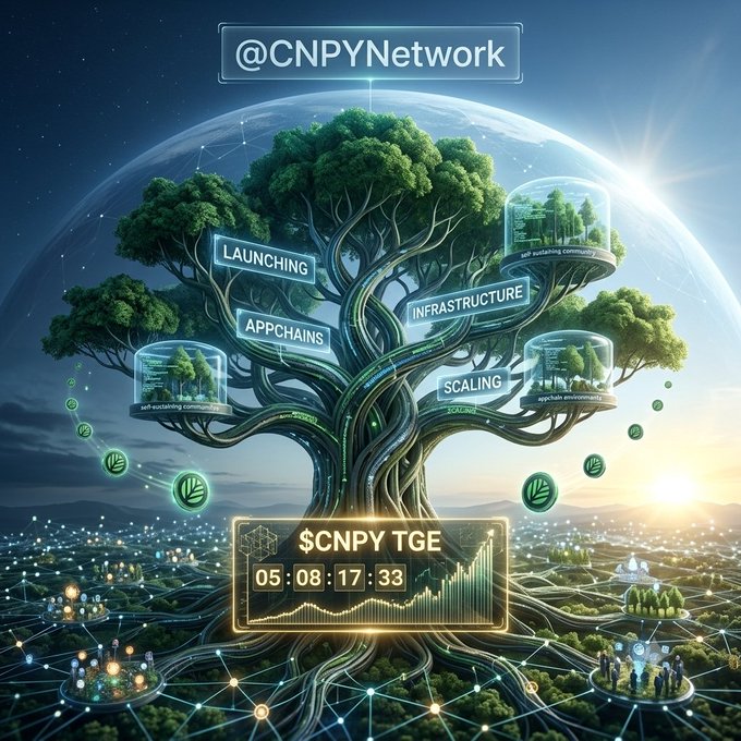 A digital promotional graphic for '@CNPYNetwork' featuring a stylized glowing tree with labels like 'LAUNCHING,' 'APPCHAINS,' 'INFRASTRUCTURE,' and 'SCALING,' alongside a countdown timer for '$CNPY TGE' showing 05:08:17:33.