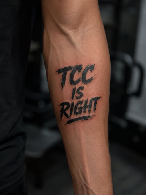 A close-up of a man's forearm featuring a black brushstroke-style tattoo that reads "TCC IS RIGHT," displayed in what appears to be a gym setting.