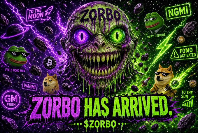The image is a vibrant, neon-colored meme featuring a grotesque green zombie-like creature with glowing purple and green eyes and sharp teeth, surrounded by space-themed elements including asteroids, lightning, and classic internet meme characters like Pepe the Frog, Doge, and Shiba Inu. Bold text declares "$ZORBO HAS ARRIVED" with the ticker "$ZORBO" and contract address "5n51QVGX77hMkde3JiJDupGV3mcvur3DX22ct8F7pump," while playful signs like "TO THE MOON," "WAGMI," "GM FREN," and "FOMO ACTIVATED" reinforce the crypto hype, tying directly to the post's rallying cry to "hold onto your bag" and believe in $ZORBO's journey "to millions."