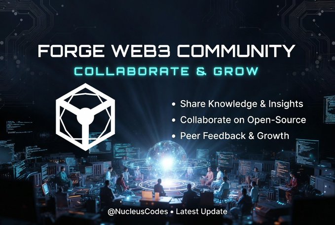 A futuristic digital graphic promotes "FORGE WEB3 COMMUNITY" with the tagline "COLLABORATE & GROW," featuring a glowing cube logo and bullet points highlighting "Share Knowledge & Insights," "Collaborate on Open-Source," and "Peer Feedback & Growth." The background depicts a high-tech workspace with people collaborating around holographic screens, visually reinforcing the post's message about @NucleusCodes building a supportive, collaborative Web3 environment.