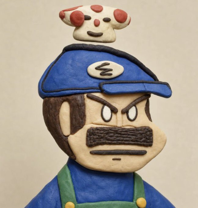 A claymation-style figure of a stern-faced man with a large mustache wearing a blue cap and overalls, with a Toad mushroom from the Mario series balanced on top of his hat.