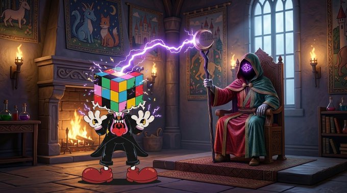 An illustrated scene of a cartoon character with a Rubik's cube for a head being struck by purple lightning from a hooded wizard's staff.