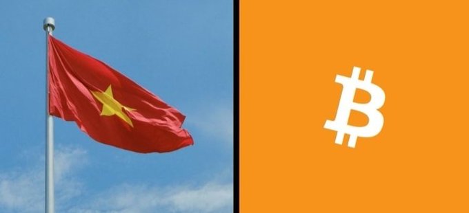 A composite image juxtaposes Vietnam's red flag with a gold star on the left against the orange Bitcoin logo on the right. This split-screen visually reinforces the post's focus on Vietnam's upcoming regulated crypto framework and its strict licensing requirements for crypto exchanges.