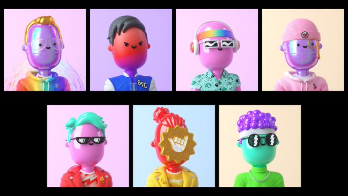 A grid of seven 3D-rendered stylized character busts featuring various colorful designs, hairstyles, and accessories like sunglasses and headphones.