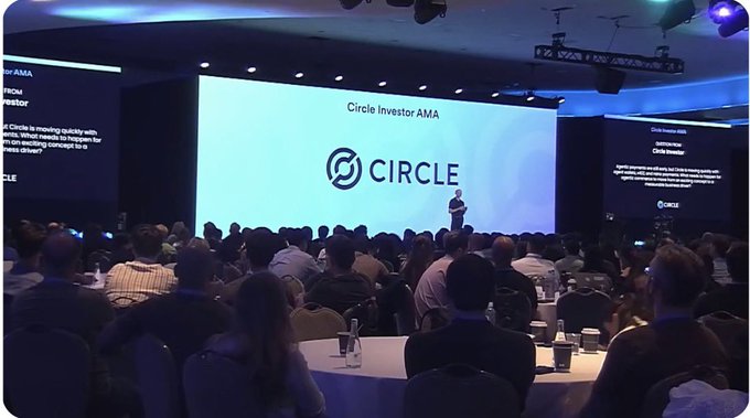 The image shows a large group of people sitting at tables with white tablecloths, listening to a speaker who is standing behind them. The speaker appears to be giving a presentation or lecture about Circle and @arc's future plans for agentic payments. The attendees are engaged in the discussion, possibly taking notes or asking questions during the event.