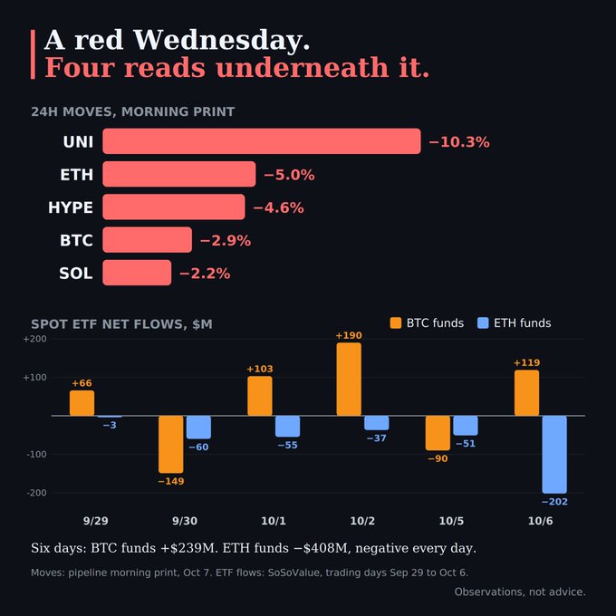 A financial infographic titled 'A red Wednesday. Four reads underneath it' showing 24H crypto moves (UNI -10.3%, ETH -5.0%, HYPE -4.6%, BTC -2.9%, SOL -2.2%) and spot ETF net flows.