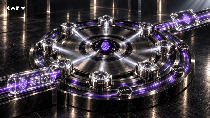 A circular black platform features glowing purple nodes arranged in a ring, with connectors labeled "CARV" and a central fingerprint-like icon, visually representing the verifier network, identity verification, and reward infrastructure described in the post.