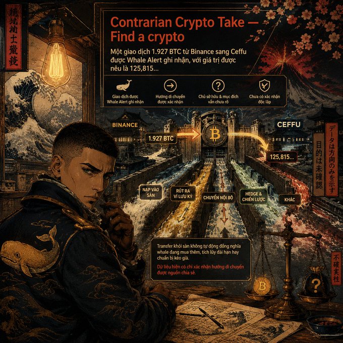 A Japanese-style illustrated infographic titled 'Contrarian Crypto Take – Find a crypto' (in Vietnamese) showing a 1,927 BTC transfer from Binance to Ceffu, valued at $125,815, alongside categories like Whale Alert, Direction, Why & Mục đích, and Safe for nhận đặc lập.