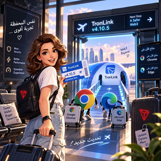 A young woman with a backpack holds a TronLink v4.10.5 "boarding pass" at an airport-themed illustration, where browser mascots for Google Chrome and Microsoft Edge carry matching suitcases toward a TronLink departure gate, visually representing the new extension update now available on both browsers.