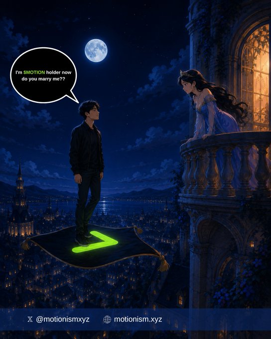 Anime-style illustration of a man standing on a magic carpet proposing to a woman on a balcony under a full moon, with the speech bubble reading 'I'm $MOTION holder now do you marry me??' and handles '@motionismxyz' and 'motionism.xyz'.