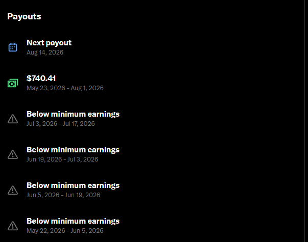 A dark-themed payout dashboard showing a 'Next payout' date of 'Aug 14, 2026' and earnings of '$740.41', followed by several 'Below minimum earnings' warnings.