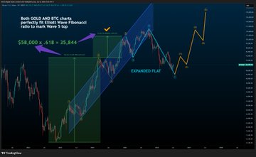A financial chart titled "Both GOLD and BTC charts perfectly fit Elliott Wave Fibonacci ratio to each Wave 5 top" displays a candlestick price chart with an upward trend channel labeled "EXPANDED FLAT," with price annotations including "$58,000 + .618 = 35,844." The image supports the post's claim by visually suggesting that Bitcoin's current price action is mirroring the Elliott Wave pattern structure that gold exhibited in 1974.