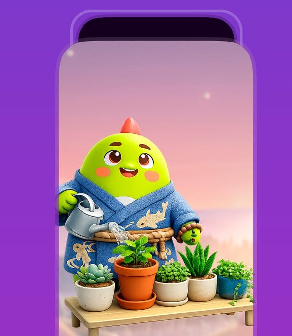 A 3D-rendered green cartoon mascot in a blue robe watering potted succulents against a purple background.