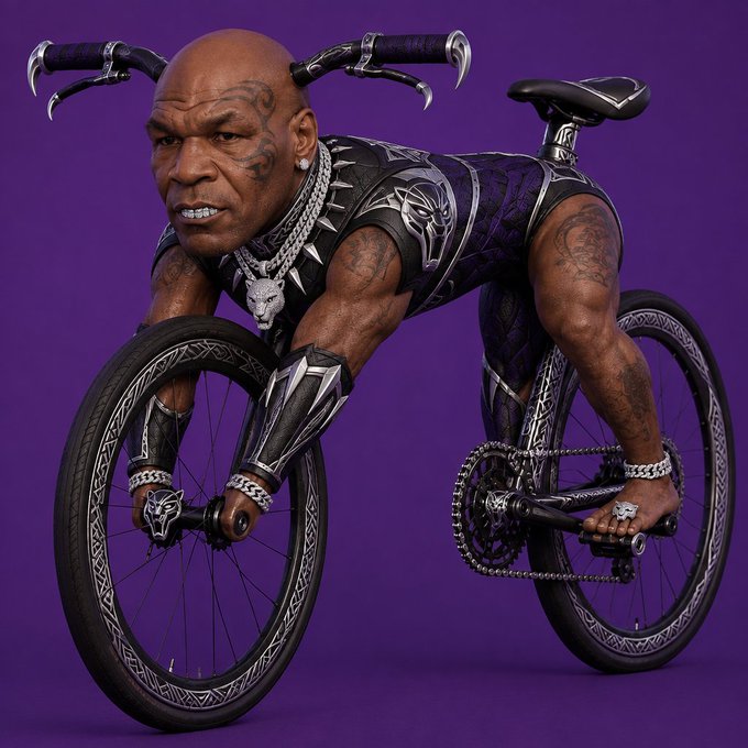An image shows a muscular bald man with face tattoos posed on a black bicycle with spiked handlebars against a purple background.