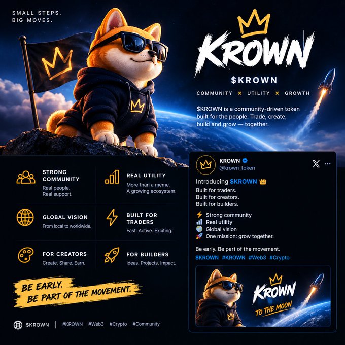 A promotional poster for '$KROWN' cryptocurrency featuring a Shiba Inu dog wearing sunglasses and a hoodie with a crown logo, alongside text about 'COMMUNITY x UTILITY x GROWTH' and hashtags #KROWN #Web3 #Crypto.