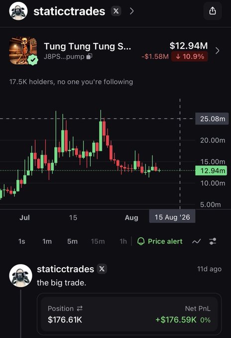 A trading chart shared by "staticctrades" shows "Tung Tung Tung S..." ($J8PS) on pump.fun with a 10.9% drop to $12.94M market cap, paired with a post declaring it "the most obvious coin of the year." Below the chart, the trader highlights a $176.61K long position with a +$176.59K unrealized PnL, labeled "the big trade." The post positions this meme coin as a future historical callout worth betting on despite its recent dip.