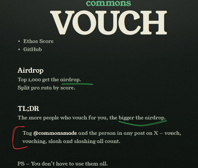 The image displays a promotional graphic for "commons VOUCH" explaining that the top 1,000 users receive an airdrop split pro rata by score, with instructions to tag @commonsmade and others on X using "vouch" or "slash" to boost their allocation. The accompanying post elaborates on how to participate by opening the link, claiming free vouches, and commenting on X to increase one's airdrop share before the 3-day deadline.