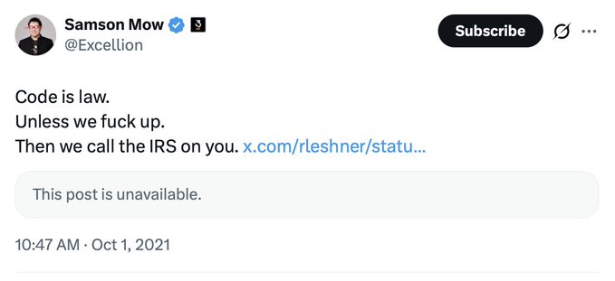 Another tweet by Samson Mow (@Excellion) with the same 'Code is law' text, where the quoted post now reads 'This post is unavailable.'