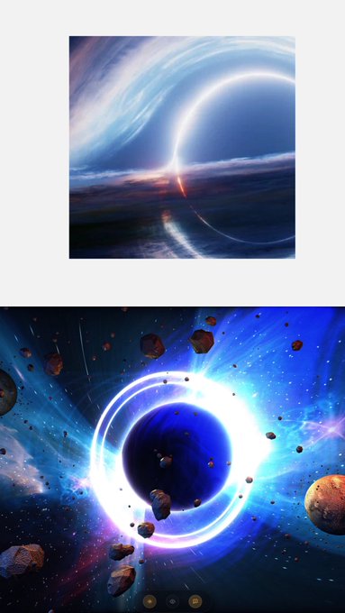 Two cosmic scenes show a glowing portal-like celestial phenomenon above a twilight landscape and a black hole surrounded by asteroid debris in deep space.