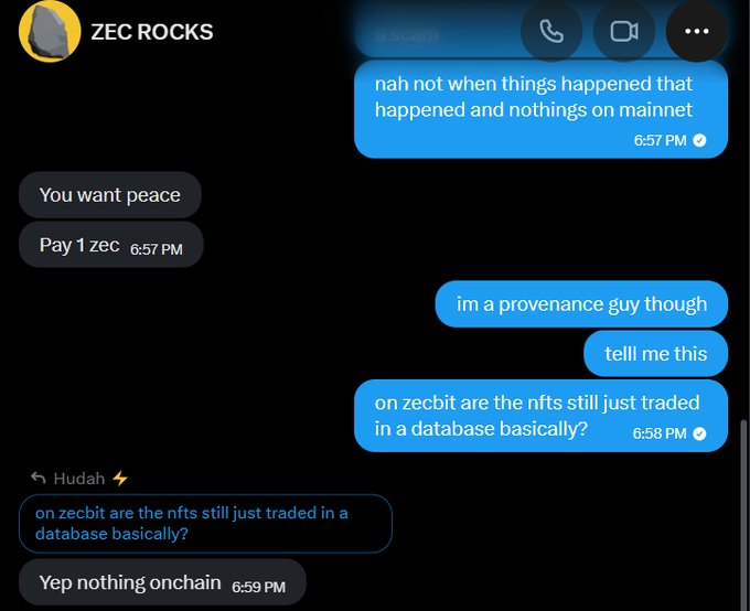 A Facebook Messenger screenshot conversation with 'ZEC ROCKS' discussing Zcash, where the user mentions being a 'provenance guy' and asks if NFTs on zecbit are 'still just traded in a database basically,' receiving the reply 'Yep nothing onchain.'