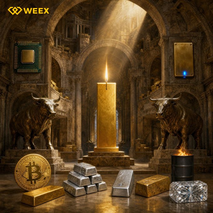 A grand cathedral scene featuring a central golden pillar illuminated by divine light, flanked by two bronze bull statues, with gold bars, silver ingots, a Bitcoin coin, a diamond, and a barrel of fire in the foreground, along with a WEEX logo and chip/cell imagery.

The image symbolizes the bullish momentum of a market rally, with the twin bulls and precious commodities representing rising asset values and investor confidence.