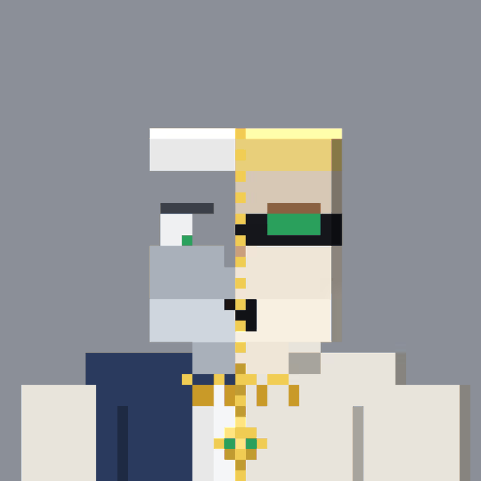 A pixel art portrait of a blonde character with green eyes wearing a white outfit and a gold chain with a cross, set against a solid gray background.