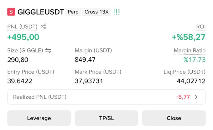 This is a cryptocurrency trading screenshot showing a GIGGLEUSDT perpetual contract with a PNL of +495.00 USDT and an ROI of +58.27%, illustrating the financial risks and potential gains of trading.