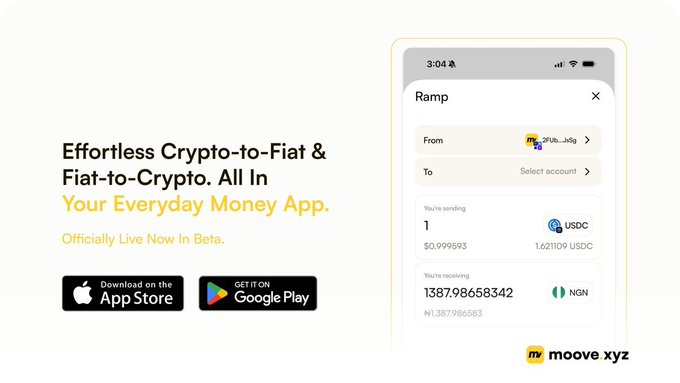 The image is a promotional banner for Moove's "Ramp" feature, highlighting "Effortless Crypto-to-Fiat & Fiat-to-Crypto" through "Your Everyday Money App," officially live now in beta, with download links to the App Store and Google Play. The accompanying phone mockup displays a conversion of 1 USDC to ₦1,387.98658342 NGN, illustrating the feature's live functionality in Nigeria as mentioned in the post about Moove Ramp Beta's launch with support for 20+ local banks and competitive exchange rates.