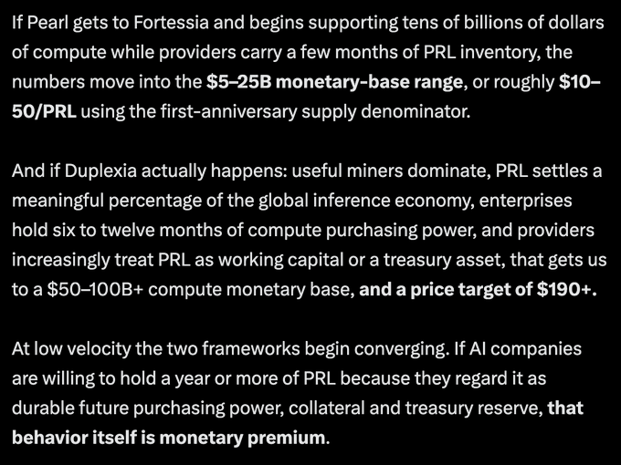 A text excerpt discussing PRL tokenomics and price targets, mentioning 'monetary base' of $5-25B, a 'price target of $190+', and concluding with 'that behavior itself is monetary premium'.