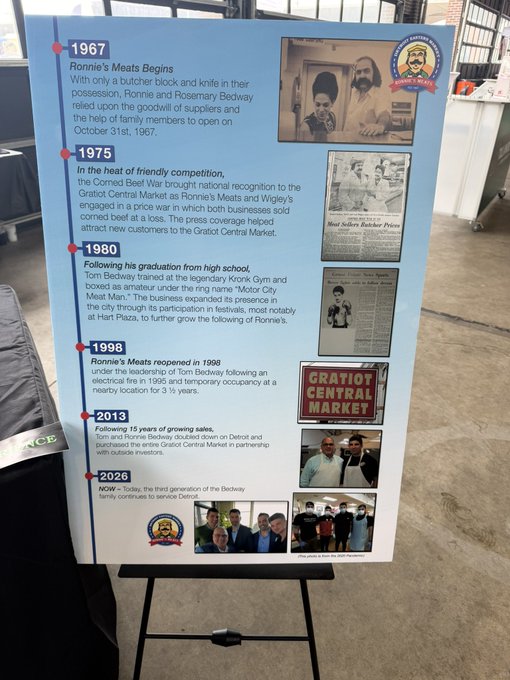 A timeline banner chronicles the four-generation history of the Bedway family business, Ronnie's Meats, from its 1967 founding by Ronnie and Rosemary Bedway—knifed into a butcher block—through key milestones including the 1975 Corned Beef War at Gratiot Central Market, the 1980 expansion of "Motor City Meat Man," the 1998 reopening after a fire, the 2013 sales partnership with Ronnie Bedway Jr. and Detroit, and into 2026 as the family's first generation continues to serve Detroit.
