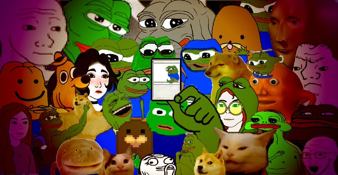 A chaotic collage of various internet meme characters, including Pepe the Frog variants, Wojak faces, and cat memes, packed densely together.
