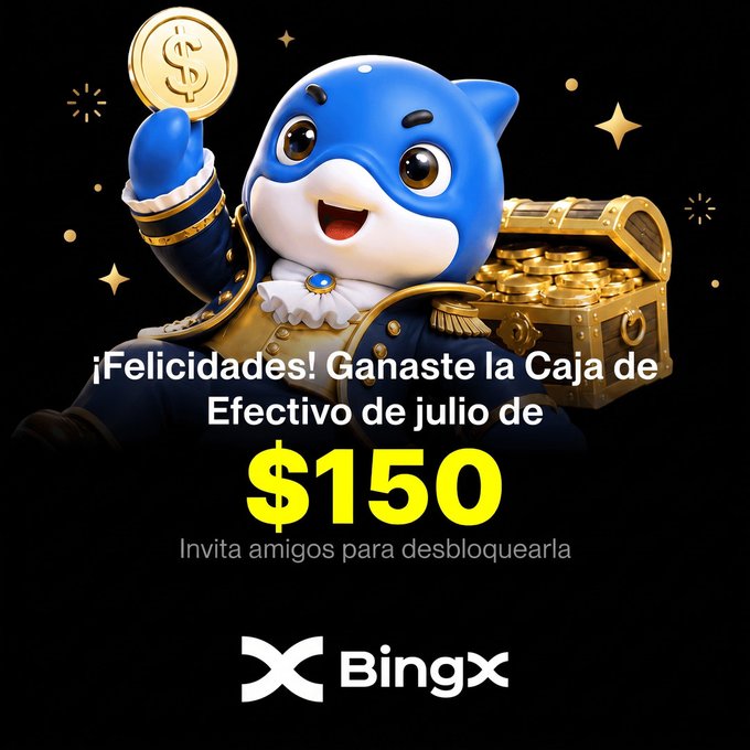 A BingX promotional graphic featuring a blue dolphin mascot holding a gold coin next to a treasure chest, with Spanish text '¡Felicidades! Ganaste la Caja de Efectivo de julio de $150' and 'Invita amigos para desbloquearla'.