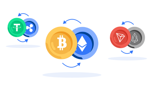 The image features a graphic design that showcases various cryptocurrencies paired together against an abstract background using arrows for better visual representation. These pairs include Bitcoin, Ethereum, and others, represented by different colored circles or shapes. The text at the bottom of the image provides advice on understanding these trading pair names and emphasizes the importance of comprehending the nomenclature when entering a cryptocurrency exchange.