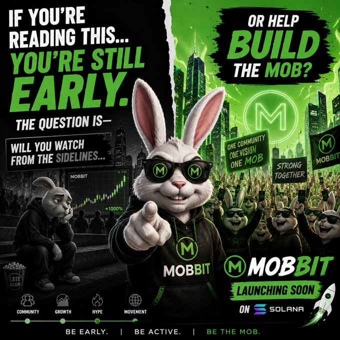 Promotional graphic for 'MOBBIT' cryptocurrency launching on Solana, featuring a white rabbit mascot with sunglasses and slogans like 'IF YOU'RE READING THIS... YOU'RE STILL EARLY' and 'BE EARLY. | BE ACTIVE. | BE THE MOB.'