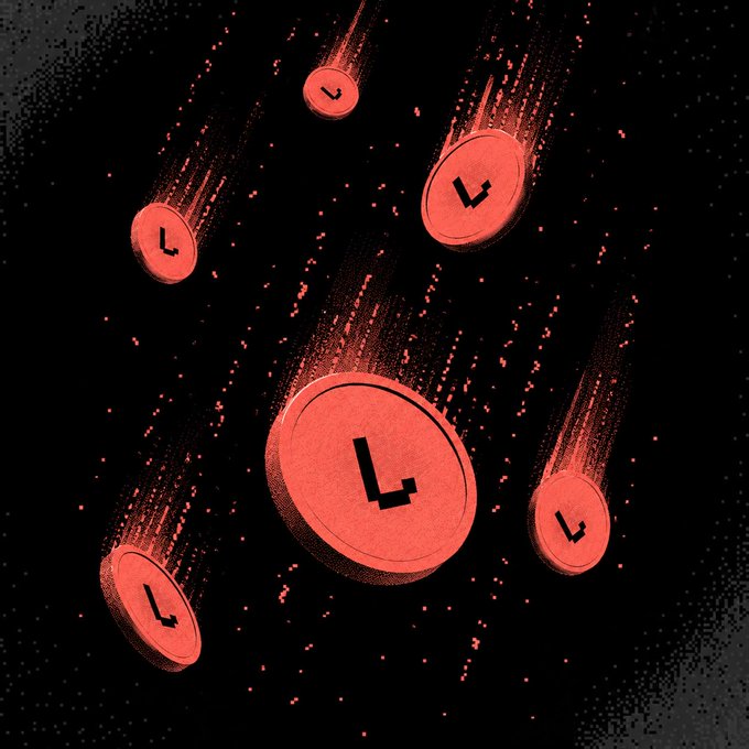 An artistic illustration of red cryptocurrency coins with 'L' logos falling like meteors with trailing particle effects against a black background.
