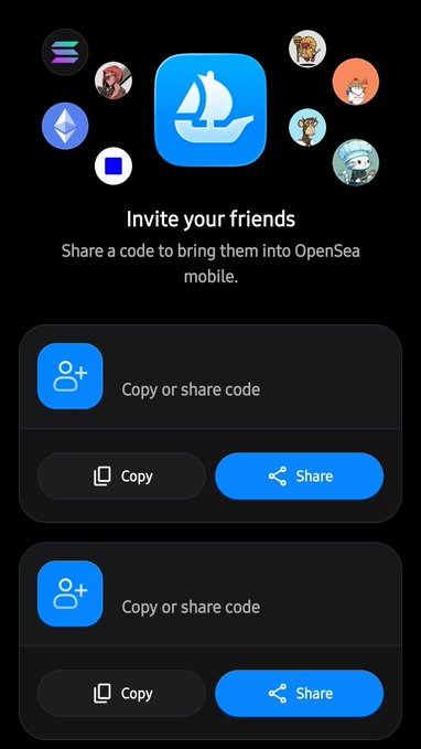 The image shows an OpenSea mobile referral screen with the text "Invite your friends - Share a code to bring them into OpenSea mobile," featuring two sections with "Copy or share code" options and Copy/Share buttons. The post offers 3 early access invite codes for OpenSea Mobile to commenters, matching the referral functionality shown in the image.