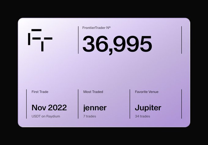 A purple-toned trading profile card for 'FrontierTrader Nº 36,995' showing First Trade 'Nov 2022 (USDT on Raydium)', Most Traded 'jenner (7 trades)', and Favorite Venue 'Jupiter (34 trades)'.