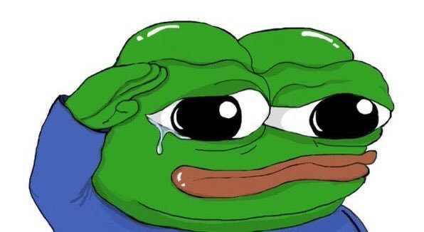 A cartoon frog meme with large glossy eyes sheds a tear while resting its face on its blue-sleeved arm against a white background.