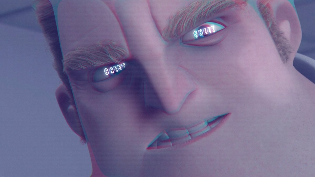 The image shows a cartoon character with large eyes, giving them an intense and angry expression. The character appears to be a man or a woman, possibly a superhero or a monster from a movie. They are looking directly at the camera, creating a sense of engagement and intensity in their facial expression.