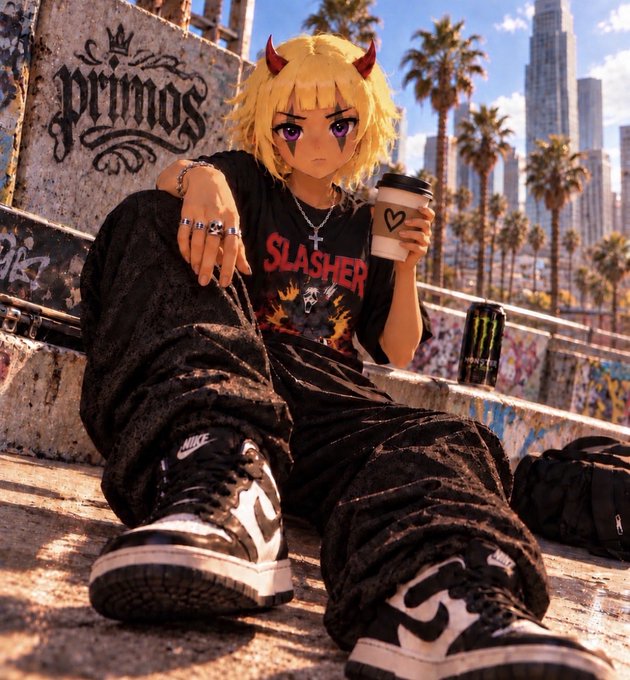 An anime character with blonde hair and red horns sits on graffiti-covered steps holding a coffee cup, wearing a black 'SLASHER' t-shirt, velour pants, and Nike Dunks, with the word 'primos' tattooed on the wall behind them.