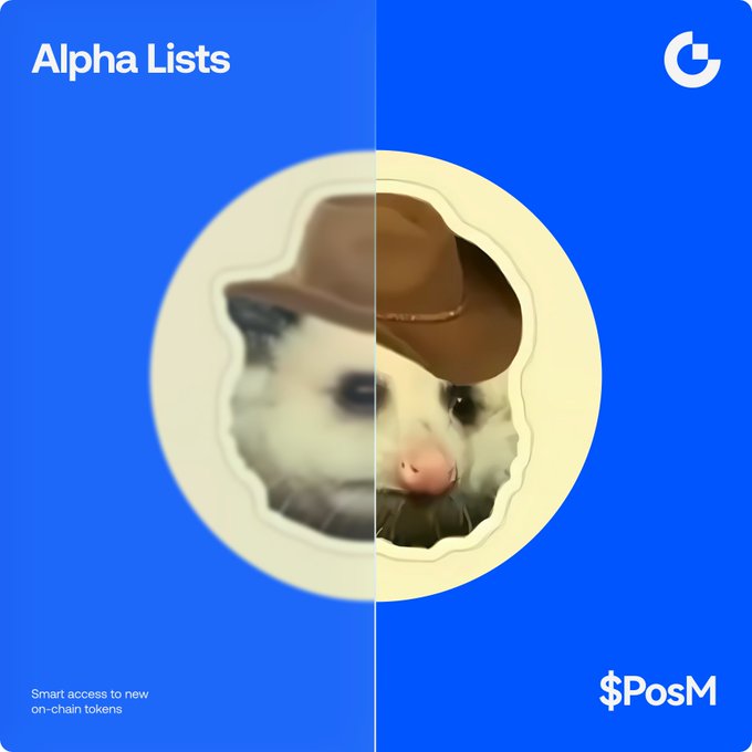 A promotional graphic for "Alpha Lists" features a split-image of a possum wearing a cowboy hat on a blue background, with text reading "Smart access to new on-chain tokens" and "$PosM" branding, promoting the Uniswap launchpad's official positions manager memecoin.