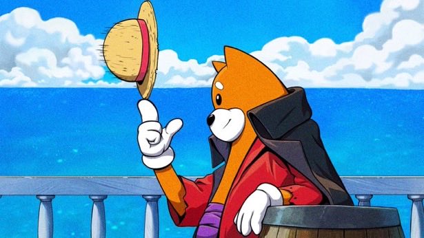 A cartoon Shiba Inu character dressed as a pirate/Luffy from One Piece, spinning his straw hat on his finger by the ocean.