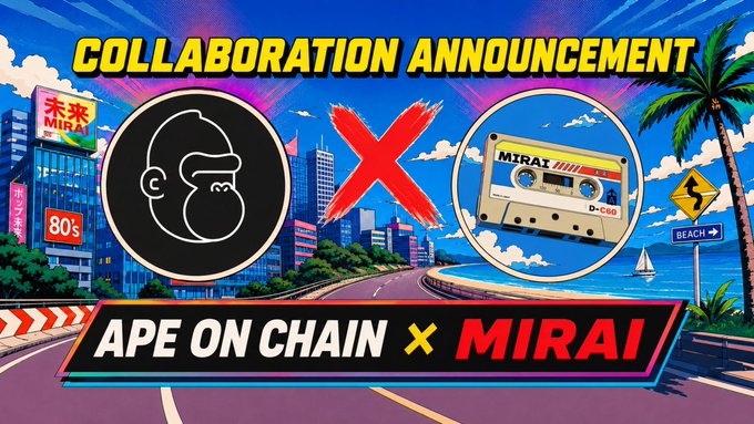 A vibrant collaboration announcement graphic styled in retro 80s/90s anime aesthetic, featuring a cityscape and tropical backdrop with the text "COLLABORATION ANNOUNCEMENT" and "APE ON CHAIN × MIRAI," alongside the Ape on Chain monkey logo and a MIRAI cassette tape emblem. The artwork visually captures the City Pop, Vaporwave, and 80s–90s retro Asian nostalgia aesthetic that defines the Mirai Pop NFT collection, reinforcing the cultural synergy highlighted in the post.